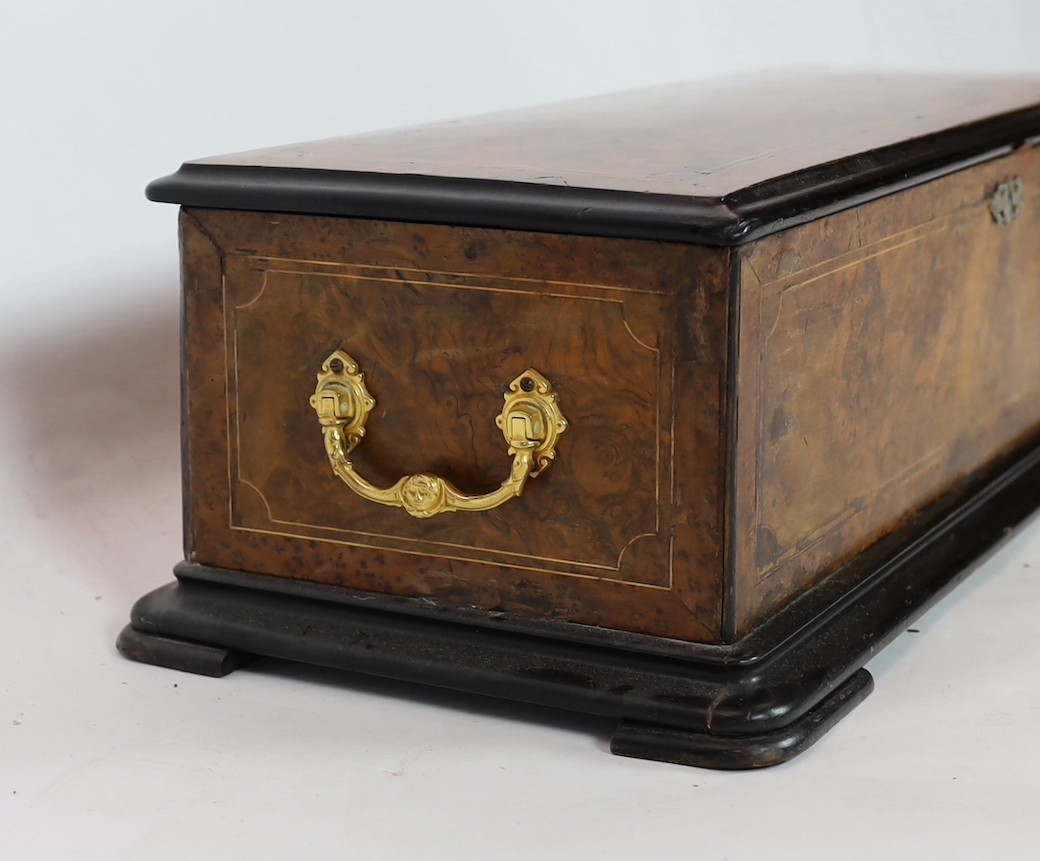 A 19th century Swiss inlaid burr walnut musical box, 73cm wide, 31cm deep, 21cm high